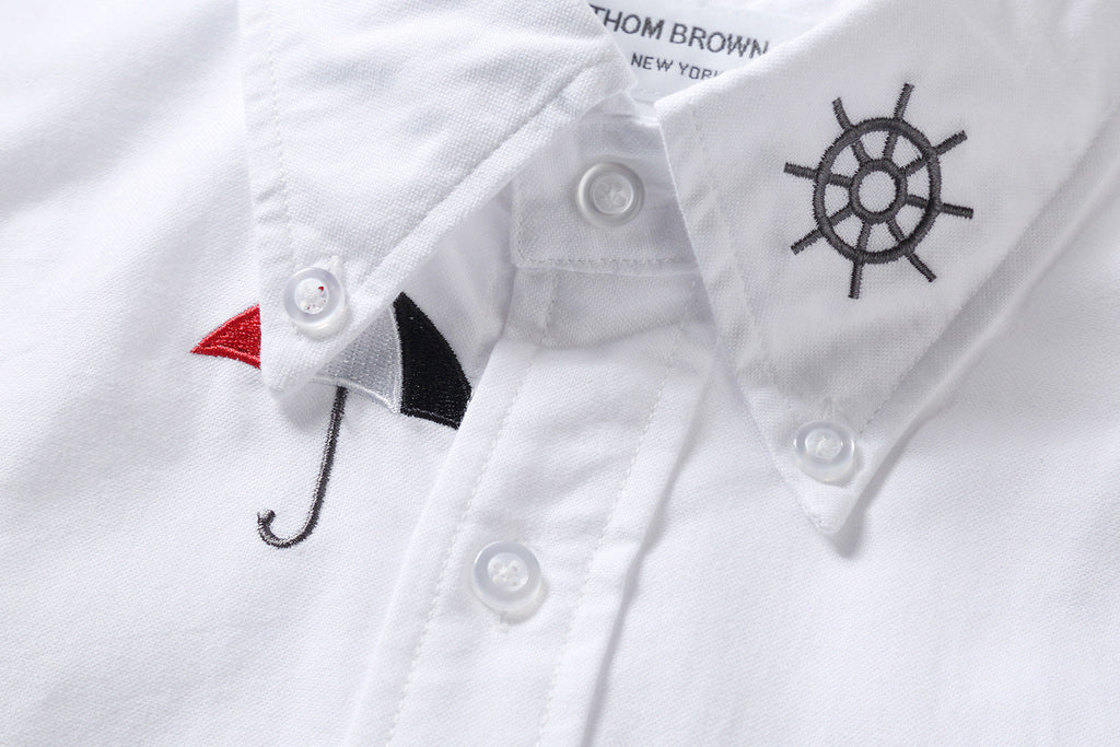 Men's Nautical Print Long-Sleeve Shirt — White & Blue | Thom Browne