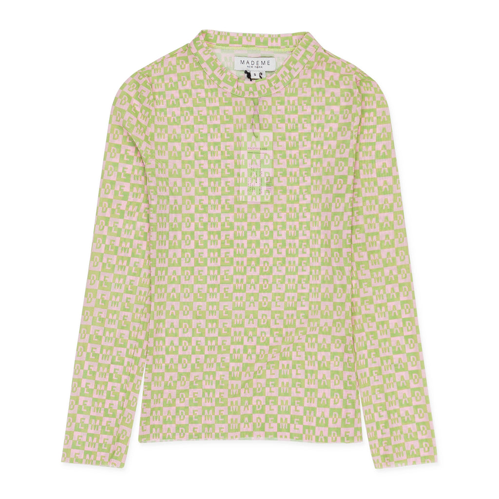 CHECKERED LOGO MESH LONG SLEEVE PINK/GREEN TOP