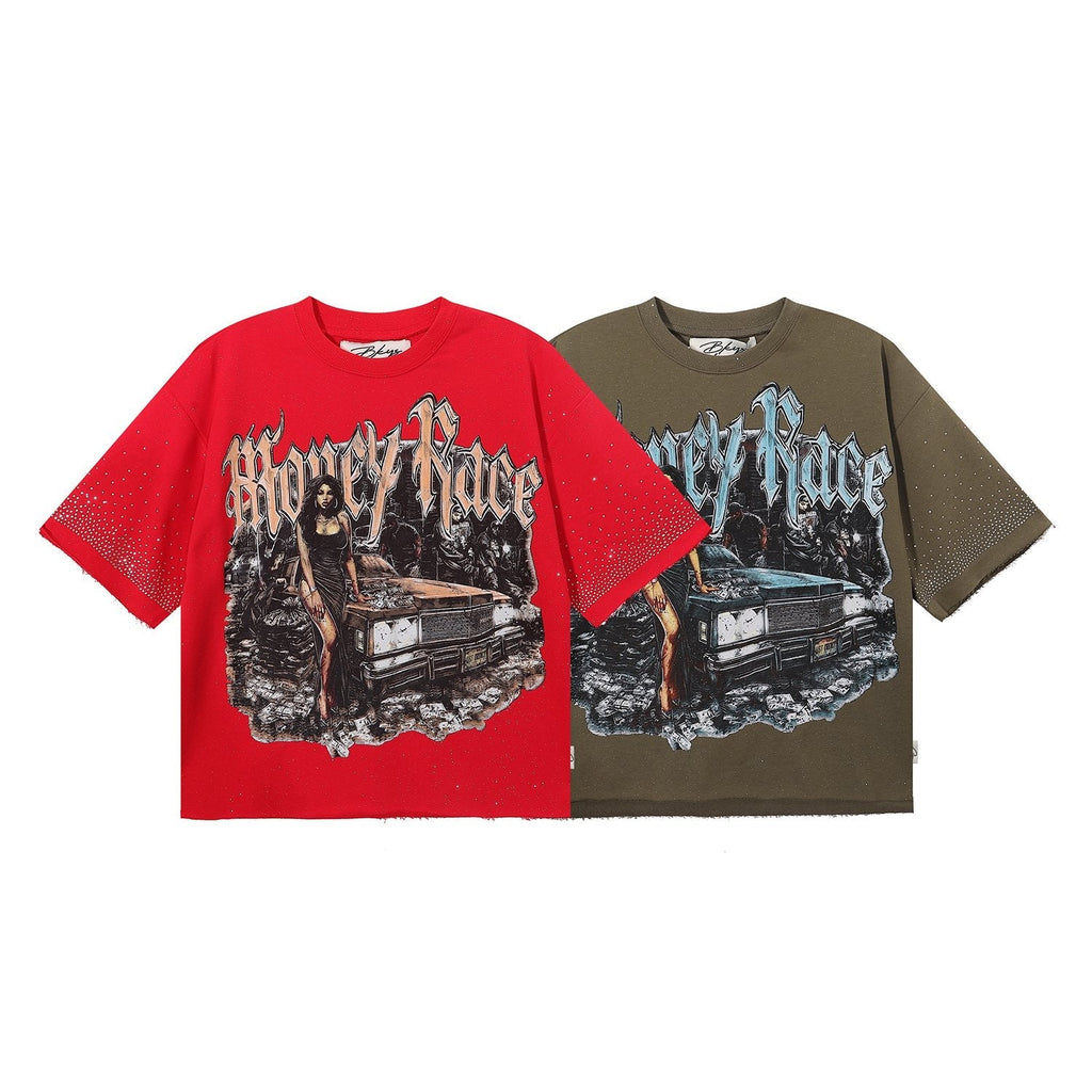 BKYS Revival Money Race Rhinestone Cropped Short-Sleeve T-Shirt