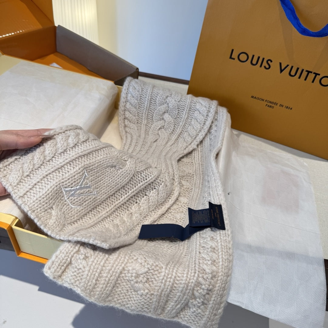 Louis Vuitton Style Cable-Knit Scarf and Beanie Set