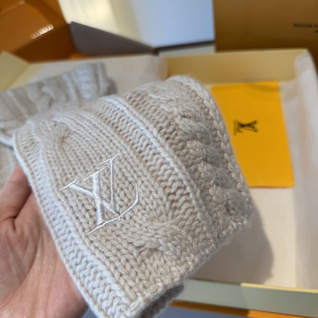 Louis Vuitton Style Cable-Knit Scarf and Beanie Set