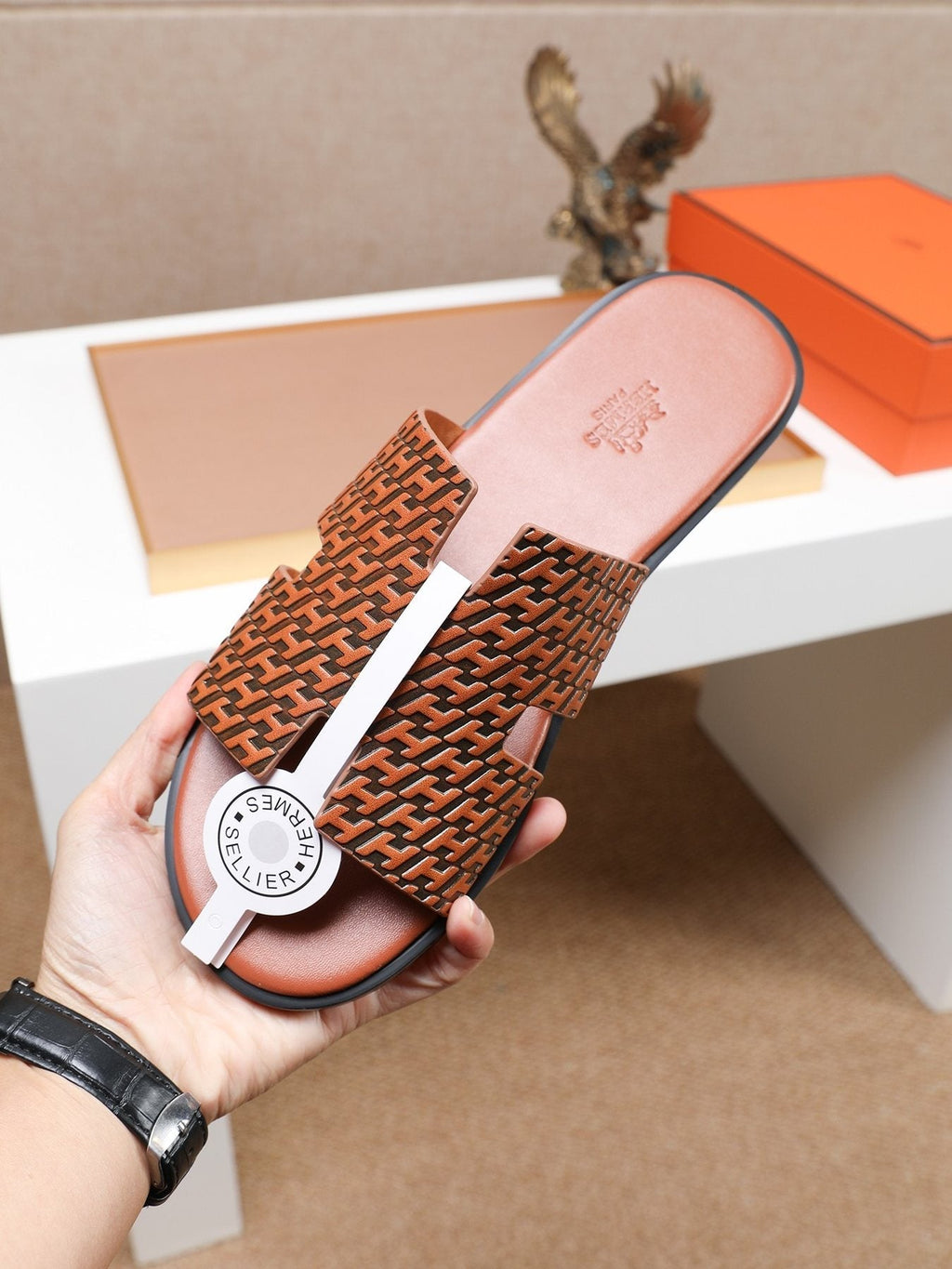 Hermes Brown Patterned H Slide Sandals