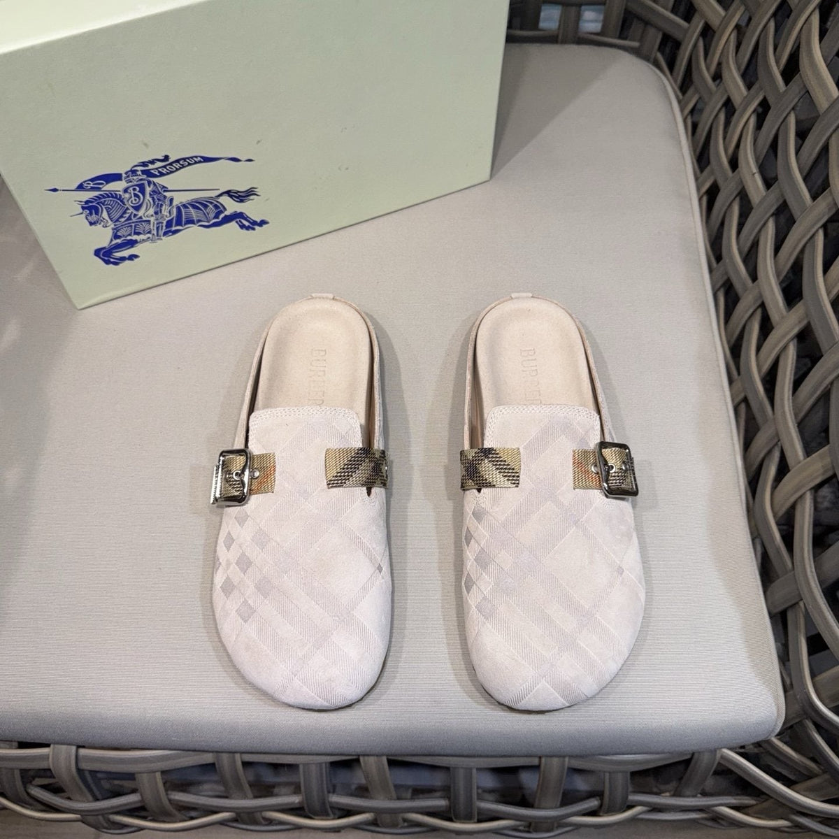 Burberry Patterned Buckle Mule Shoes