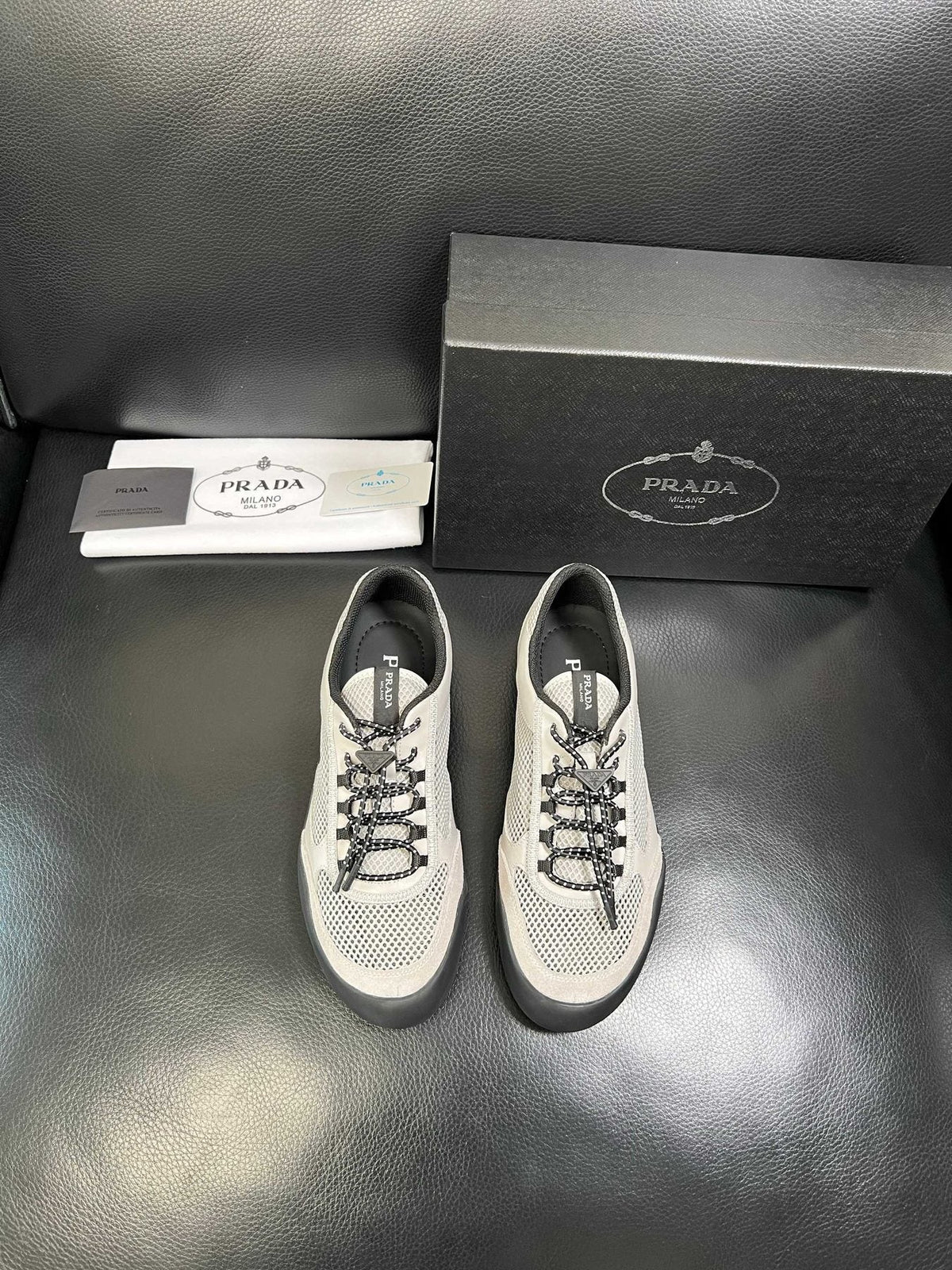 Prada White, Gray & Black Low-Top Sneakers