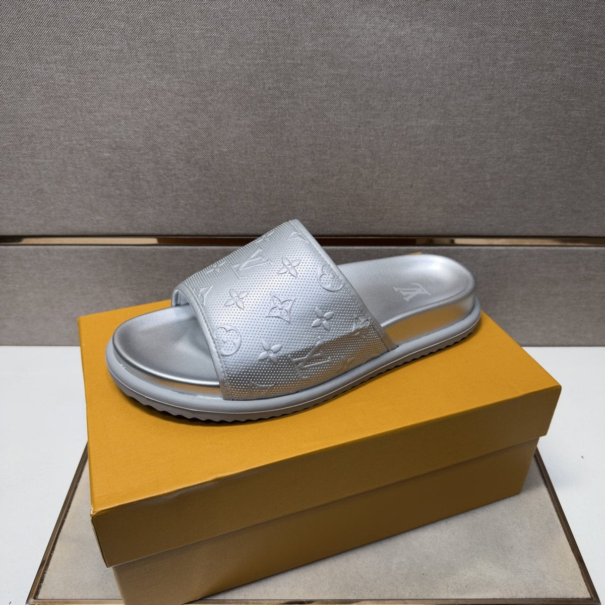 Louis Vuitton Embossed Metallic Slide Sandals